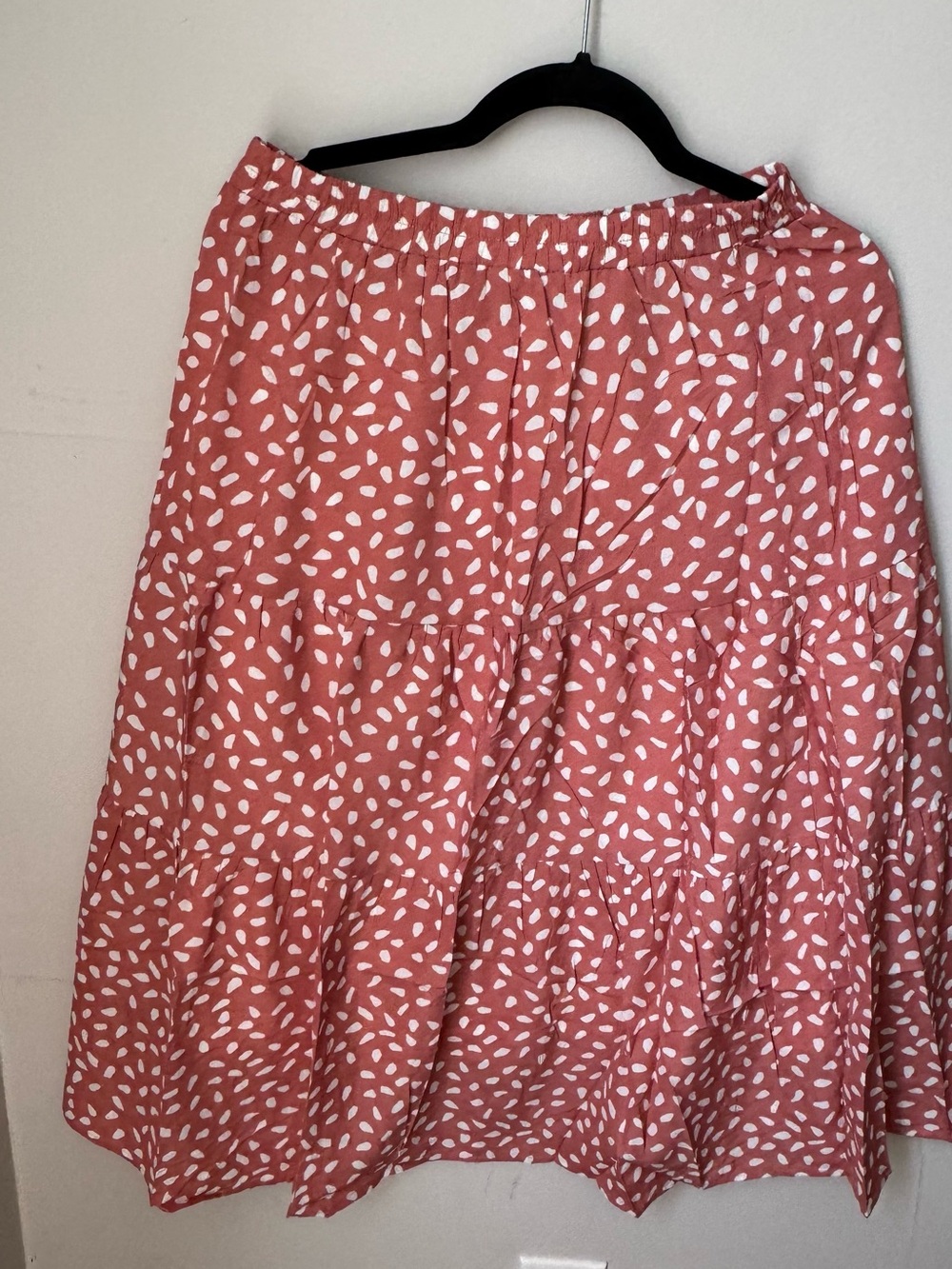 Womens Coral Pink Tiered Midi Skirt with White Dot Print